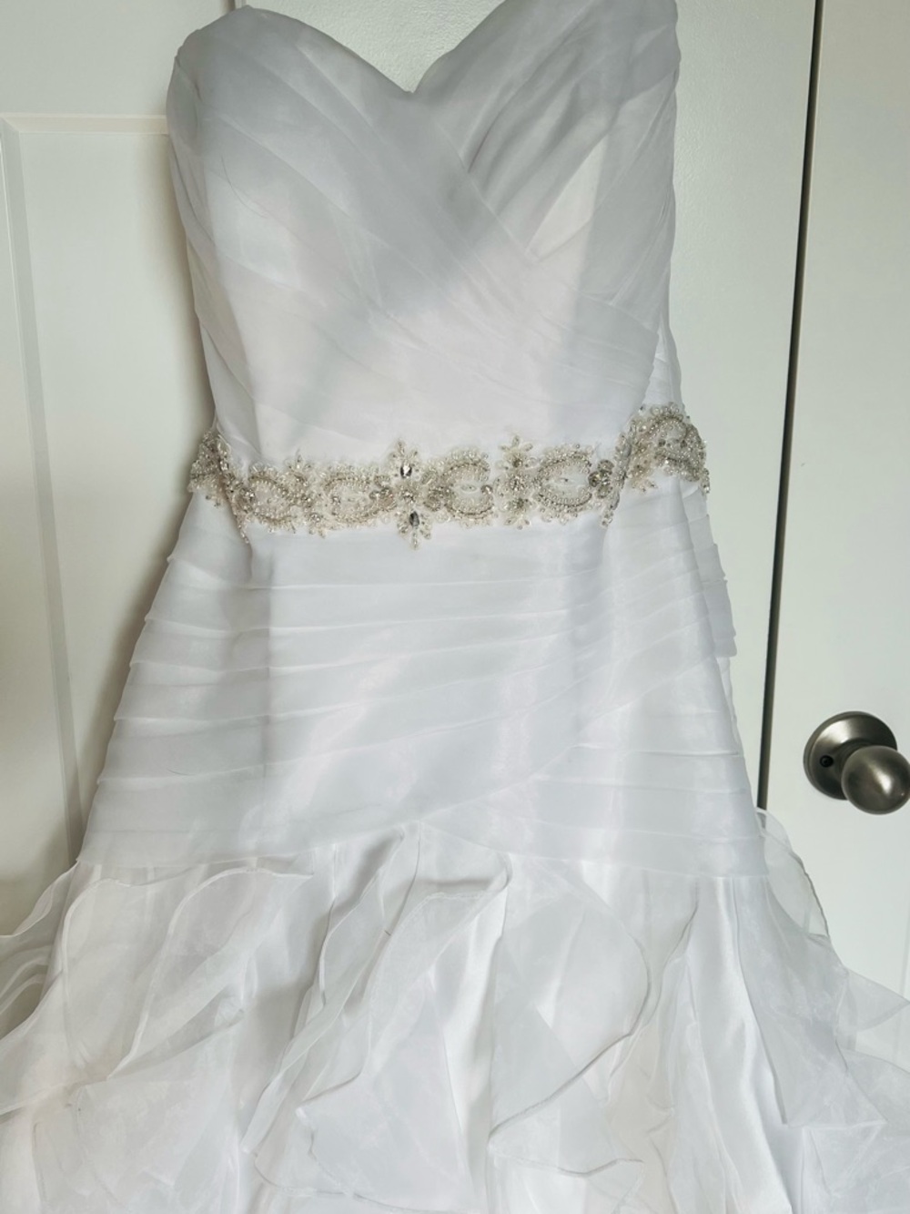 Romantic Strapless Ruffled White Wedding Gown with Beaded Waist - Picture 2 of 14